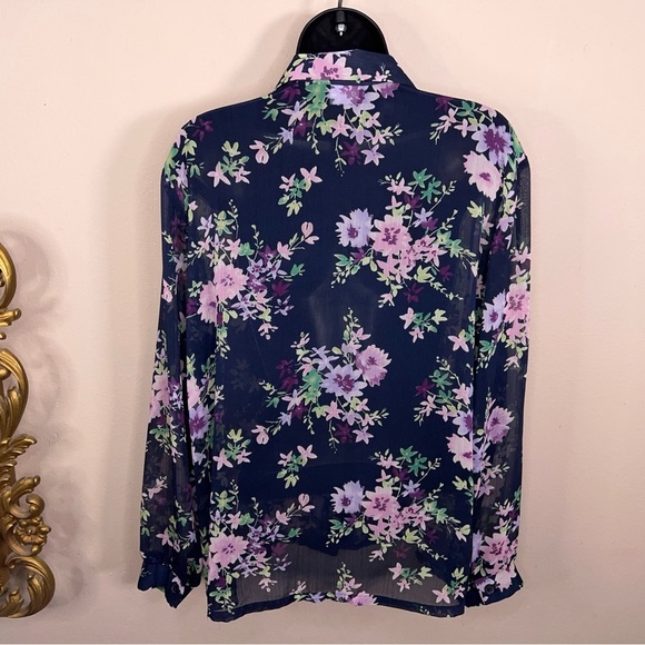 Vintage Large Haband Blue Purple Floral Semi Sheer Blouse Button Front 90s - Picture 9 of 12